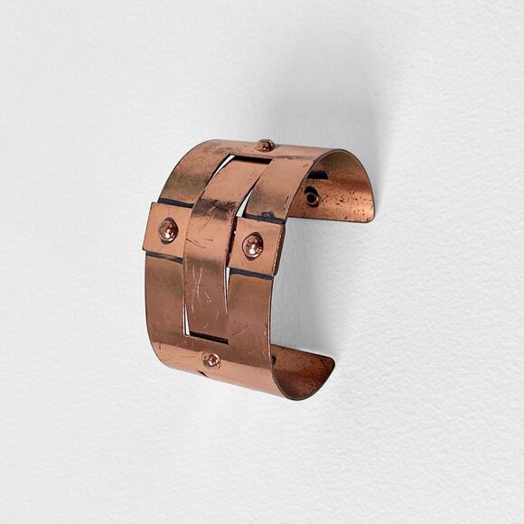 VTG Signed Renoir Copper Brutalist Cuff Bracelet  MCM Woven Riveted Metal Unisex - Picture 2 of 9